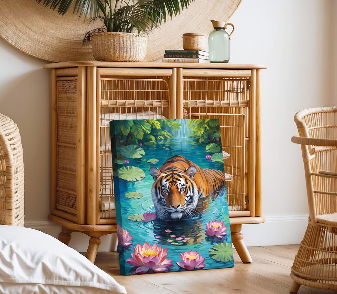 Framed Tiger Bathroom Decor Wall Art,Framed Tiger Bathroom Wall Art 12x16 Inch - Lotus Floral Animal Canvas Print, Jungle Theme Decor for Living Room & Bedroom, Asian Style Painting