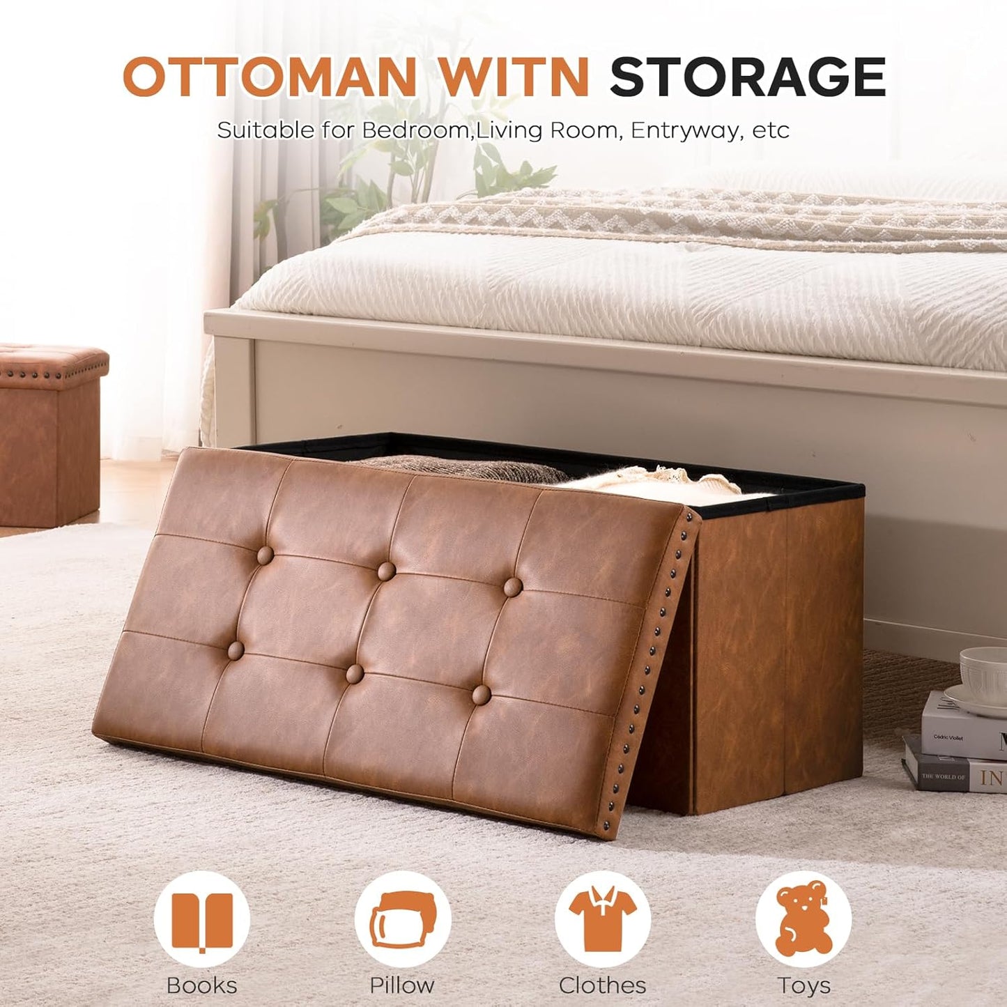 30 Inches Folding Storage Ottoman Bench, Ottoman PU Leather Tuffed End of Bed Bench, Foot Rest with Rivet Design, Ottoman with Storage, Load 330 lb, for Living Room, Bedroom, Entryway, Brown