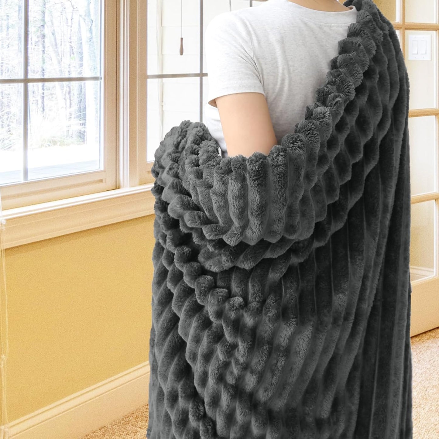 Vessia Flannel Fleece Throw Blanket for Couch,Sofa,Bed, 300GSM Striped Grey Throw Blanket for Adults and Kids, Super Soft Warm Cozy Lightweight Home Decor for All-Season(50x70inch)