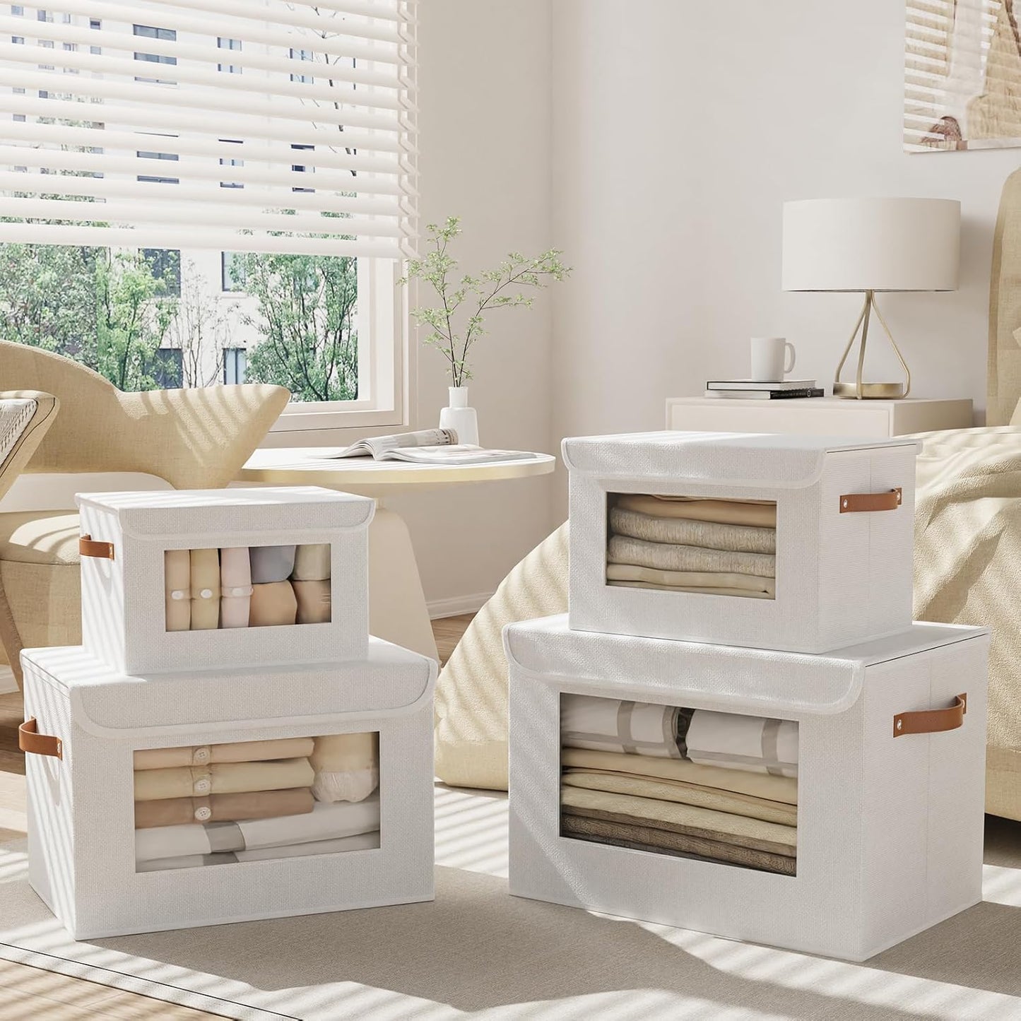 Fabric Storage Boxes with Lids, 10.2 x 7.8 x 6.7 Inch Closet Organizers for Shelves, Foldable Storage Bins with Handles, White, 5-Pack