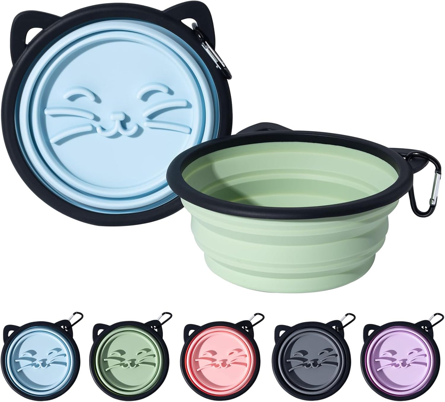 2Pack Silicone Collapsible Dog Bowls, Cute Pet Ear Shape and Cat Graphic Travel Water Bowl Full of Pet Atmosphere 25oz Portable Feeder for Small Large Dog Walking Hiking Camping (Light Blue and Green)