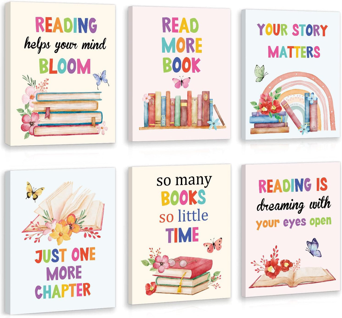 HOURIA 6Pcs Framed Classroom Reading Corner Canvas Wall Art(8"x10"),Inspirational Classroom Library Poster Wall Decor, So Many Books So Little Time Art Print for Nursery Middle School Student