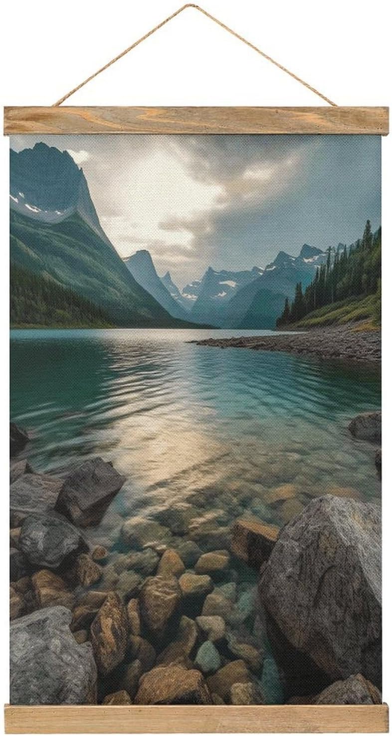 Vintage Glacier National Park Poster with Wooden Frame Personalized Linen Hanging Scroll Painting Rustic Wall Hanging Illustrative Modern Artwork Decor for Home Living Room Bedroom Office