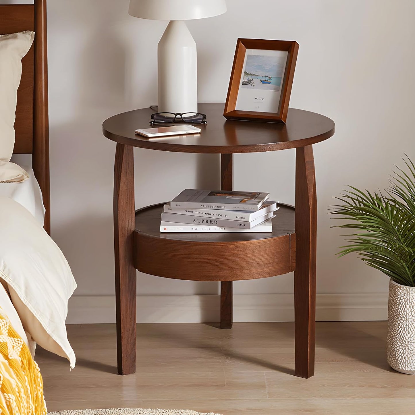 Round Coffee Table with Storage and Hidden Drawer - 20" D x 20" H Natural Wood Side Table with Sliding Drawer, Small Coffee Table for Living Room, Round Nightstand with Drawer, Dark Brown