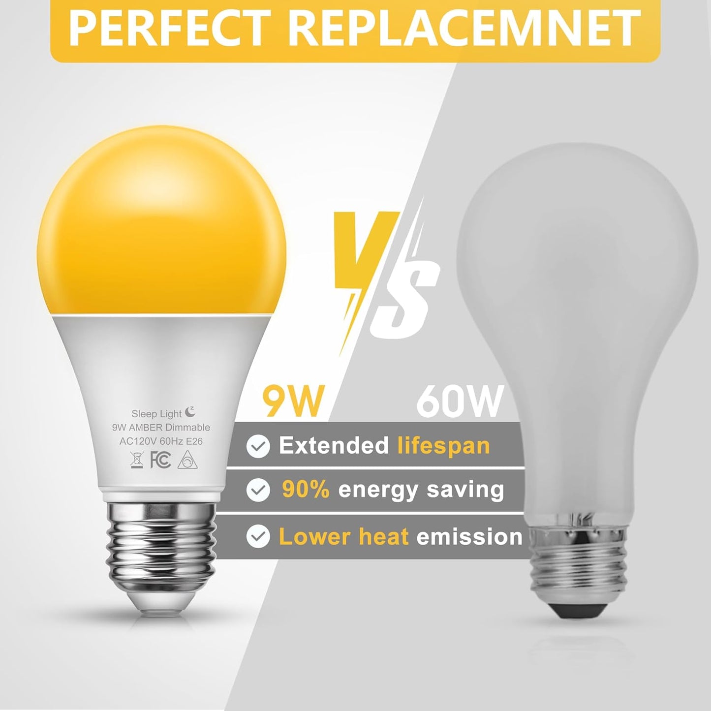 Briignite Amber Light Bulb - Dimmable Soft Warm Light Bulbs 9W A19 E26 Base Night Light Bulb, No Blue Lights, Ideal for Sleep, Bedroom, Nursery, Lamp, 2 Pack