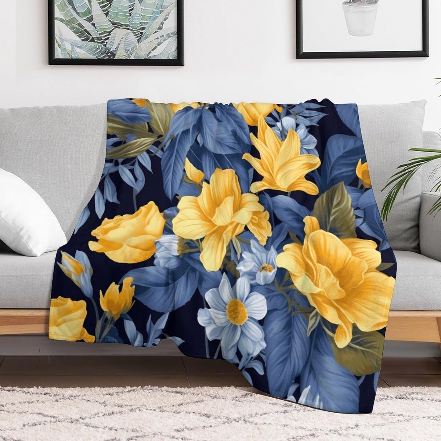 Blue Base Yellow Floral Blanket Chunky Fluffy Fuzzy Bed Blankets Cozy Soft Warm Winter Blankets Anti-Pilling Flannel Throw Blanket for Couch Living Room Bedroom Multiple Size