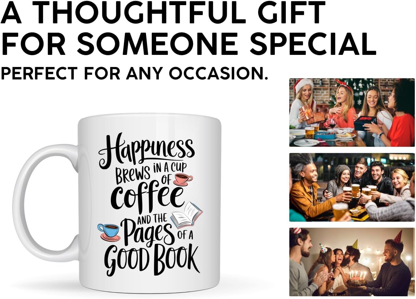 Book Lovers Coffee Mug 11oz White -Happiness Brews - Gift for Book Club Bookworm Bookish Reading Nerdy Avid Readers Women