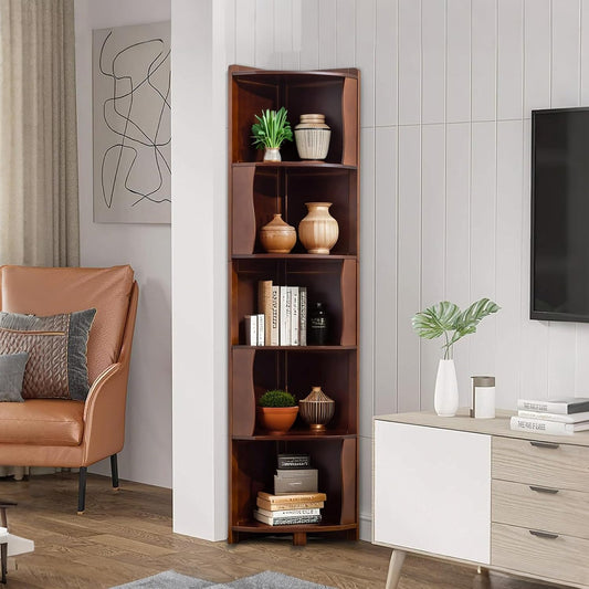 5-Tier Bamboo Corner Shelf Freestanding Fan-Shaped Storage Rack, Space-Saving Corner Cabinet for Living Room or Bedroom, Easy to Assemble, Walnut