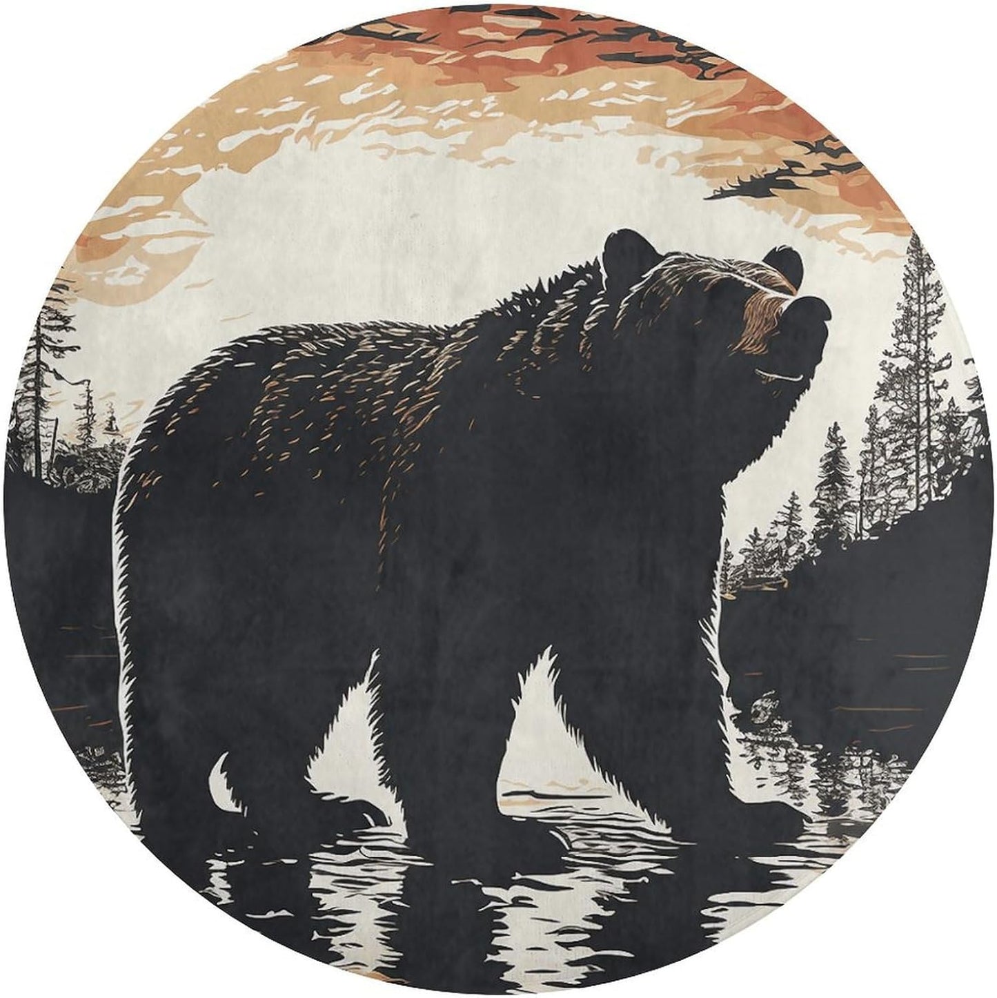 Bear Silhouette Circle Rug Retro Luxury Coral Velvet Floor Mat Non Slip Soft Indoor Floor Carpet Comfy Thickened Area Rugs Modern Aesthetic Minimalist Carpets for Home Decor