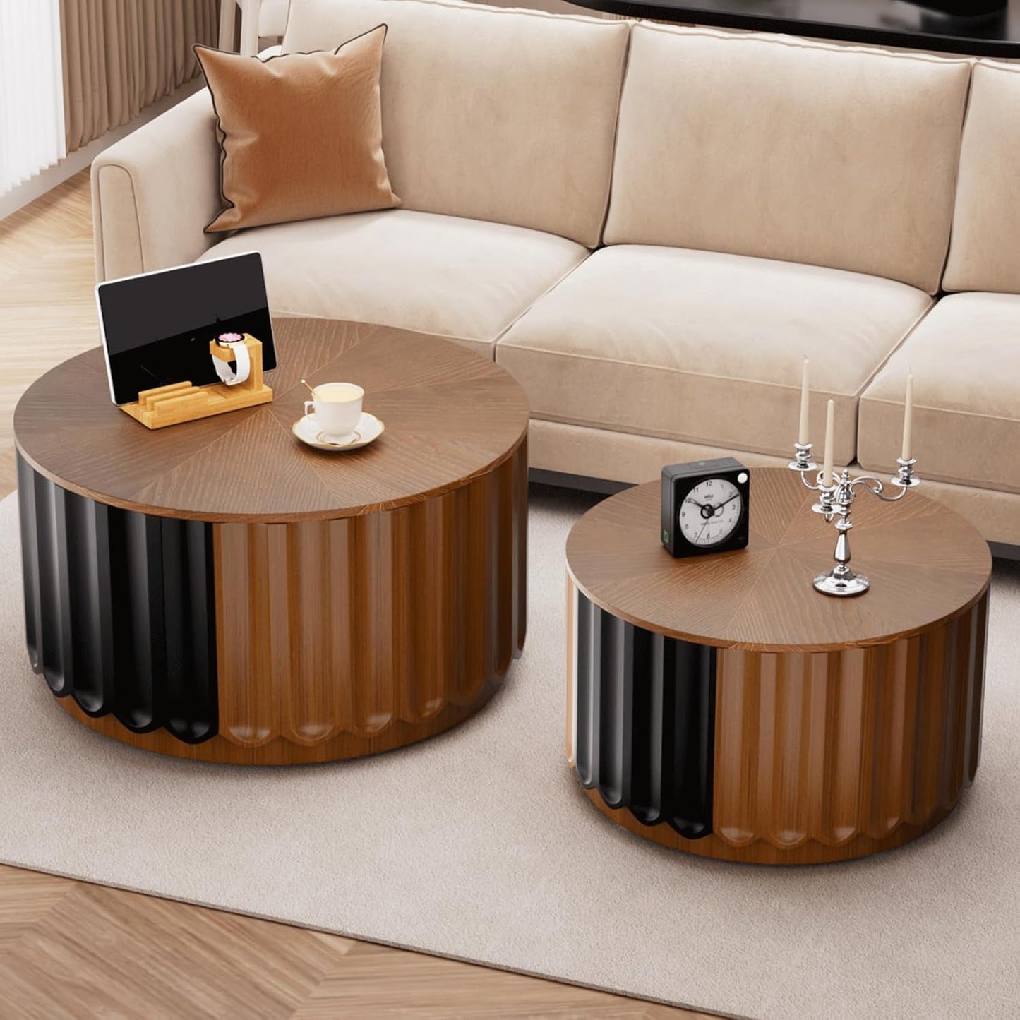 Fluted Round Nesting Coffee Table Set of 2, with Storage Mid Century Modern Wood Coffee Tables,Circle Side Table Minimalist Center Tables for Living Room, Office (A1)