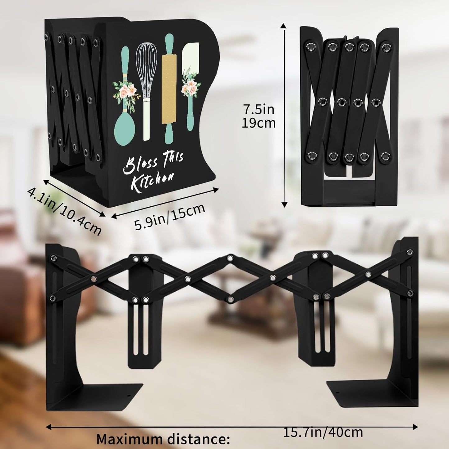 Cookbook bookends, Kitchen bookends, Adjustable Metal Book Ends for Shelves Decorative Unique Design for Heavy Books,Non-Skid Book Holder for Kitchen Housewarming Cooking Lover Gifts (Black 2)