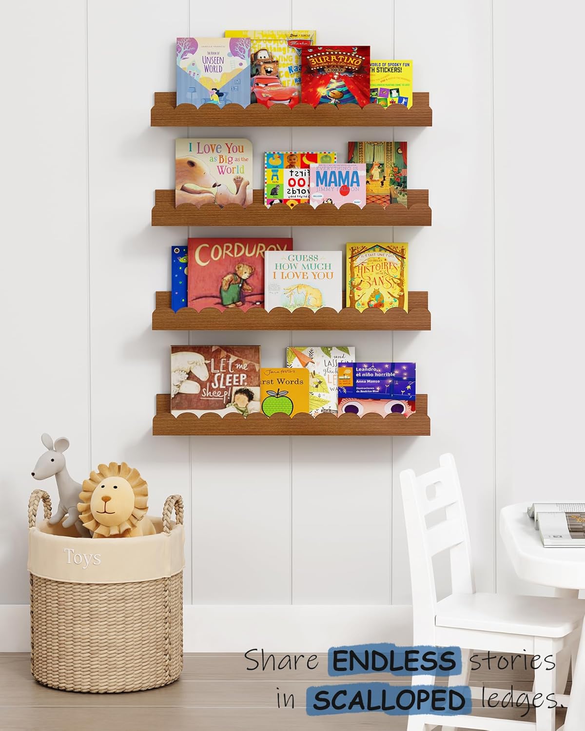 Walnut Nursery Book Shelves Wall Set of 4, Dark Wood Scalloped Floating Bookshelf for Wall, Cloud Wooden Hanging Shelving Unit for Kids Bedroom Baby Child Toddler Room Kitchen (Walnut Brown)