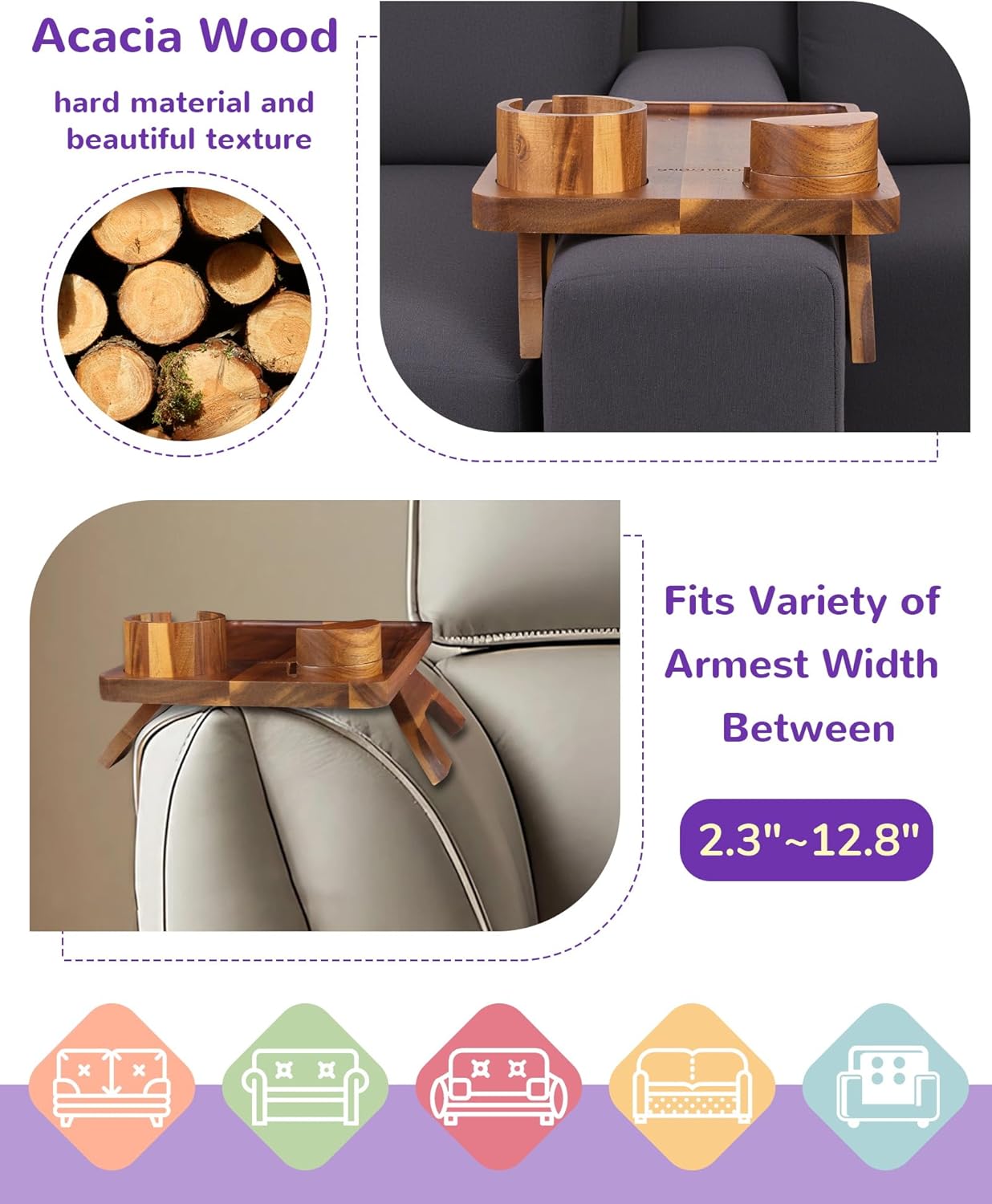 Couch Arm Tray Table with Cup Holder & Adjustable Phone Stand – Foldable Acacia Wood Sofa Arm Clip Table for Wide Couches, Recliners, and Living Room Use