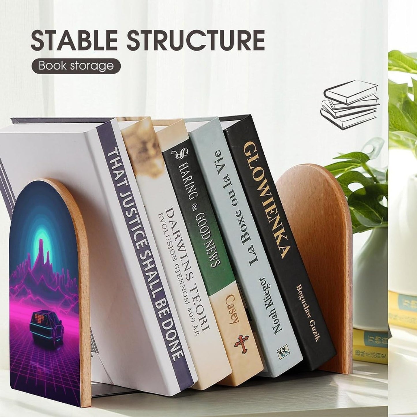 Non-Slip Bookend for Shelves Retrowave Pictures Wooden Bookends with Metal Base Decorative Book Stopper for Home Heavy Duty Wood Book Storage for Books/CDs