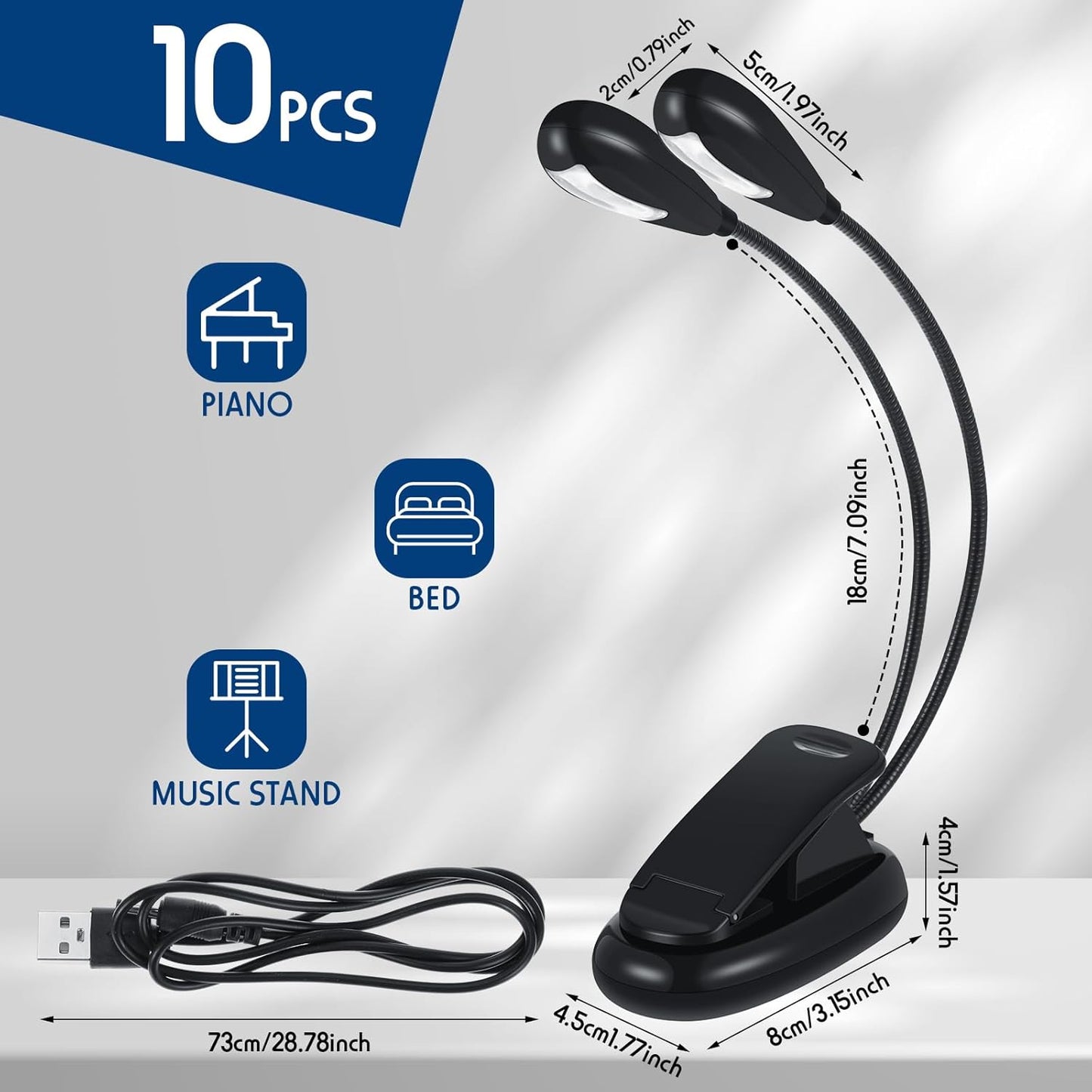 10 Pcs LED Book Light USB and AAA Battery Operated Music Stand Clip on Reading Light 4 Brightness Levels Dual Arm Clip Lamp for Eye Protection Bookworms Orchestra Readers Piano Player