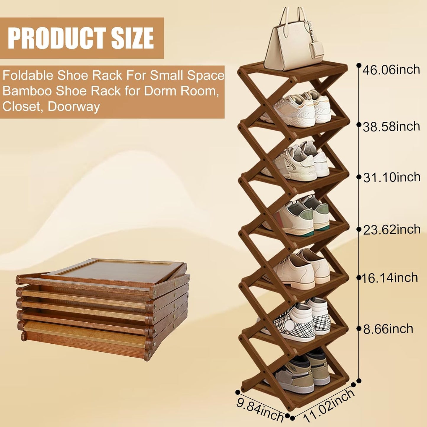 Simcat Bamboo Folding Shoe Rack for Entryway, Narrow Installation Free Dorm Closet Shoe Racks, Vertical Front Door Entrance Shoe Racks