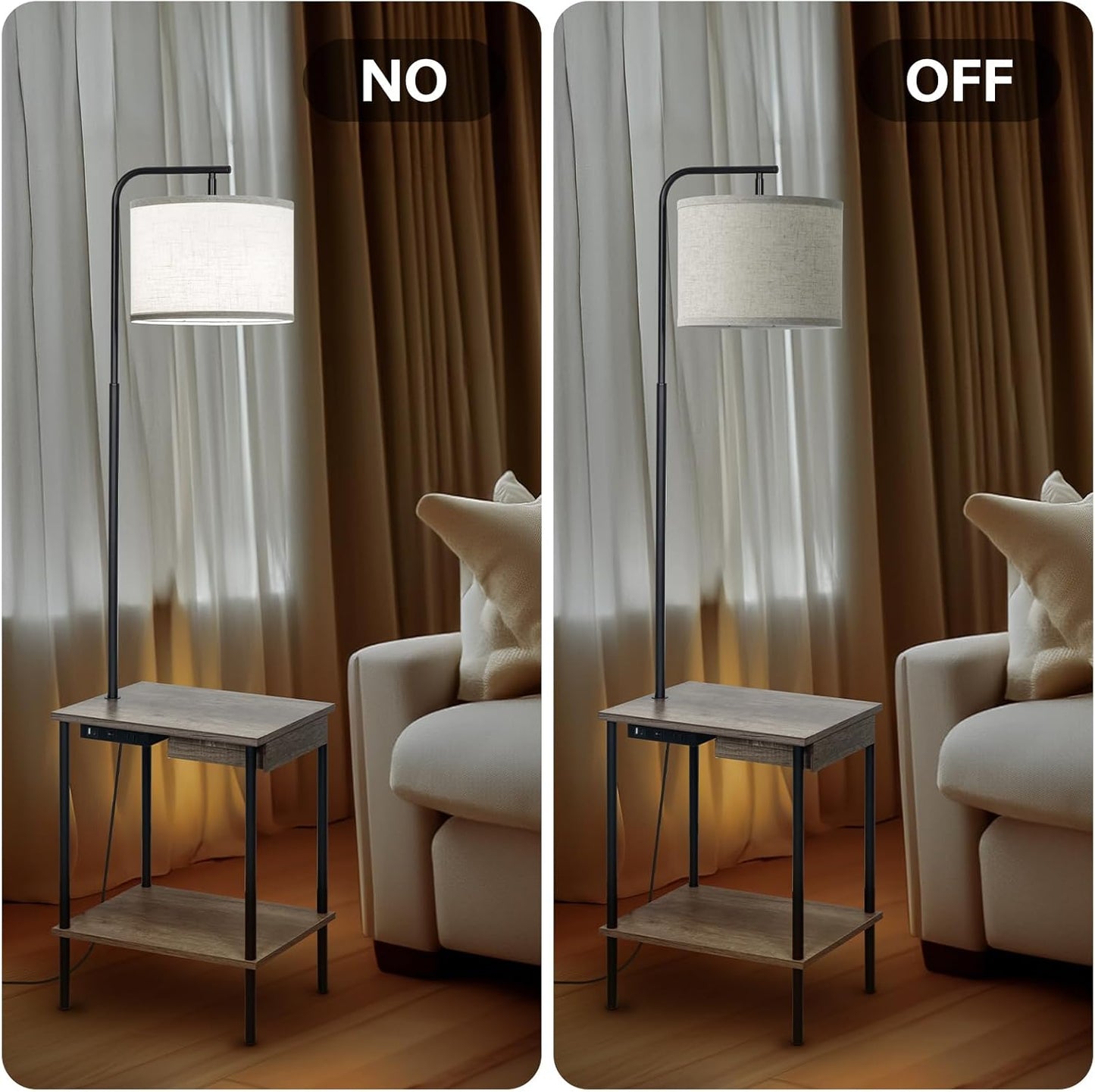 Floor Lamp with Table & Drawers, End Table Lamp with USB Charging Portt Power Outlet and Shelves, Side Table Reading Light with 3 Color Temperature Led Bulb Included for Living Room, Gray