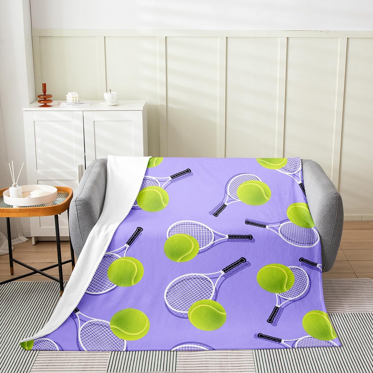 Erosebridal Kids Tennis Racket Sports Soft Fleece Throw Blanket 40x50 for Boys Girls Tennis Lover, Purple Ball Games Flannel Blanket for Sofa Bed Chairs, Player Activity All Seasons Room Decor