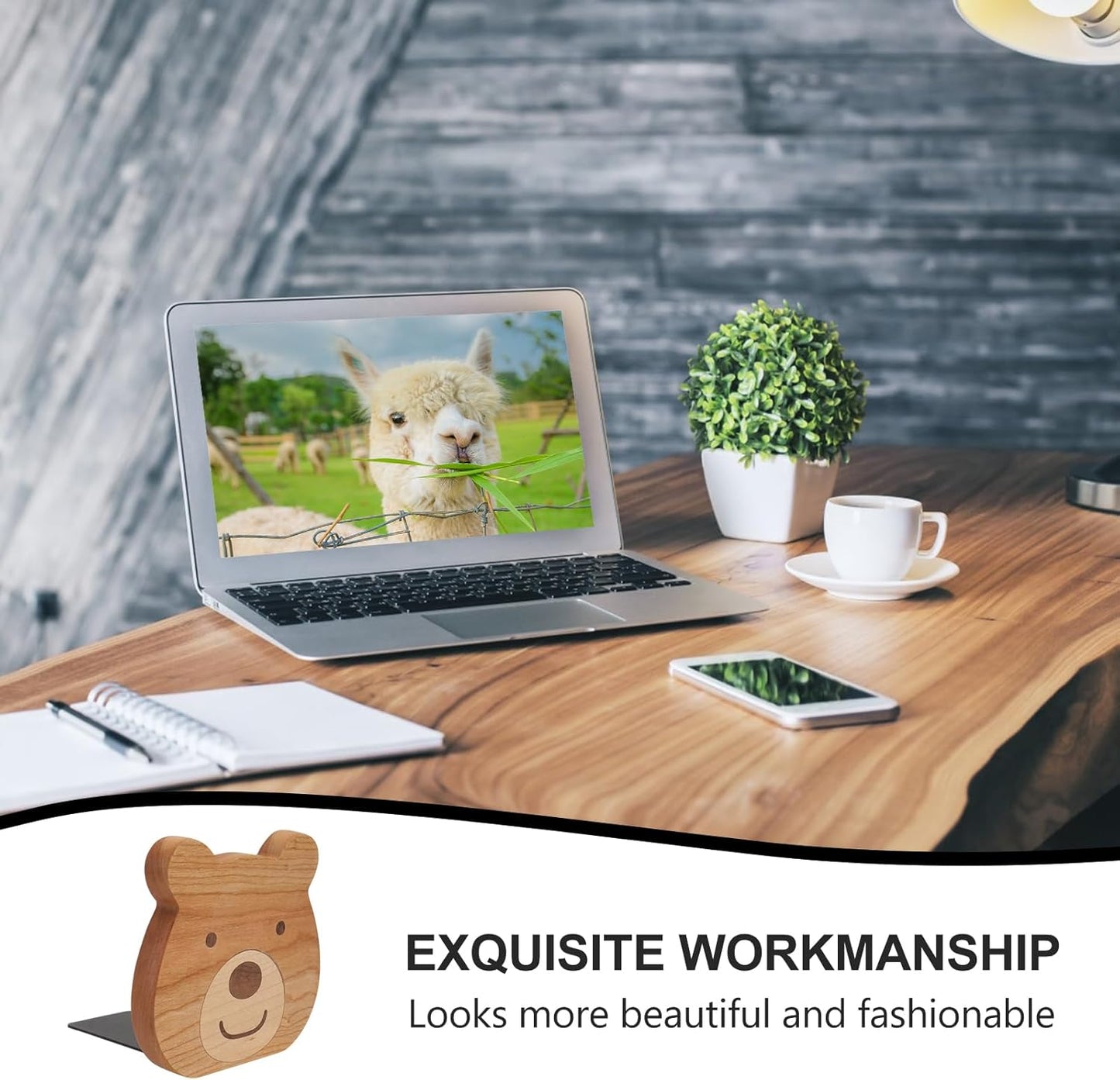 Cabilock 2 Pieces Book Stoppers: Wooden Bear Bookends for Shelves - Metal Base Non-Skid Book Ends for Bookshelf Decoration Home Office School Supplies