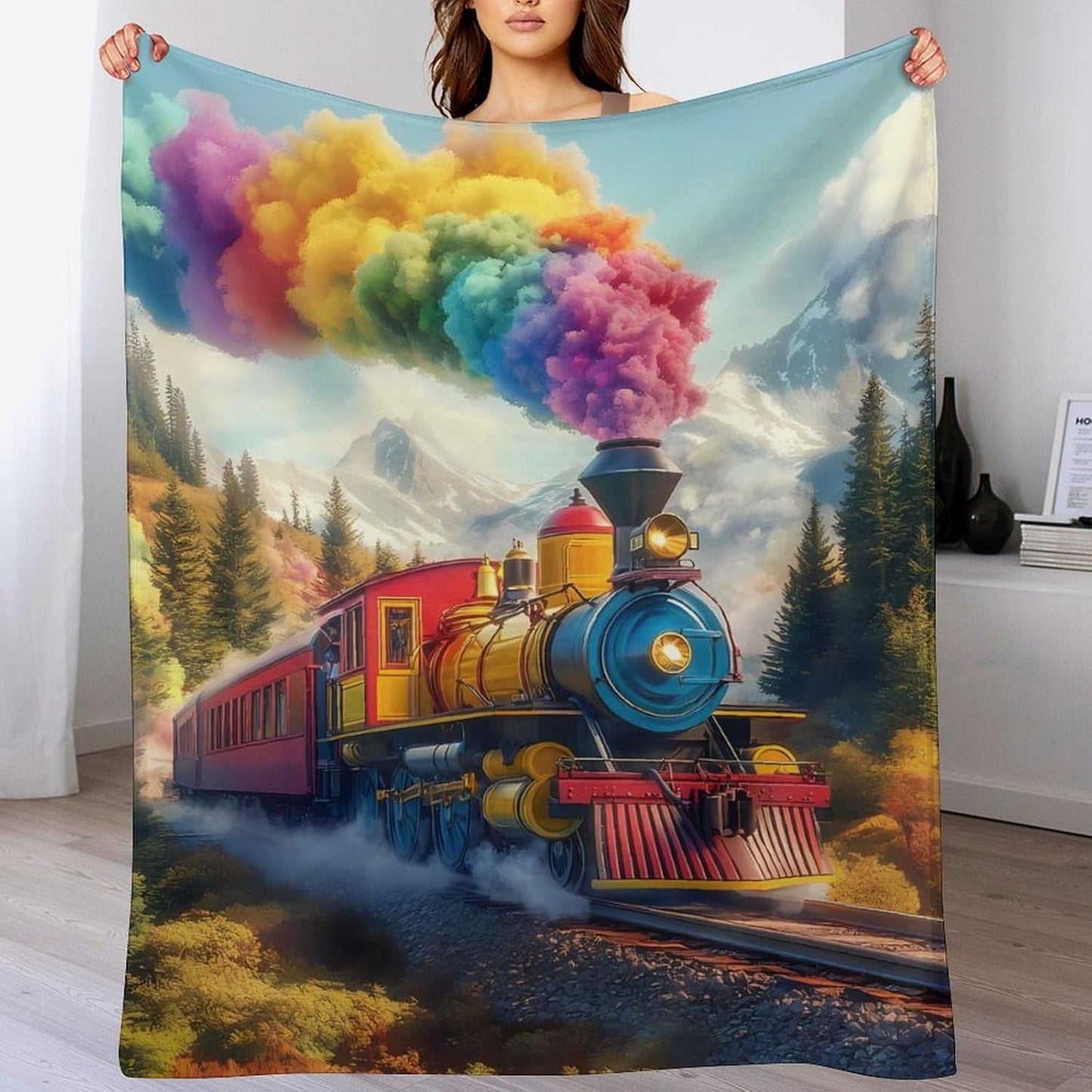 Steam Train Rainbow Cloud Sky Forests Mountain Throw Blanket for Couch Bed Plush Cozy Fuzzy Flannel Blanket for All Season 55"x70"