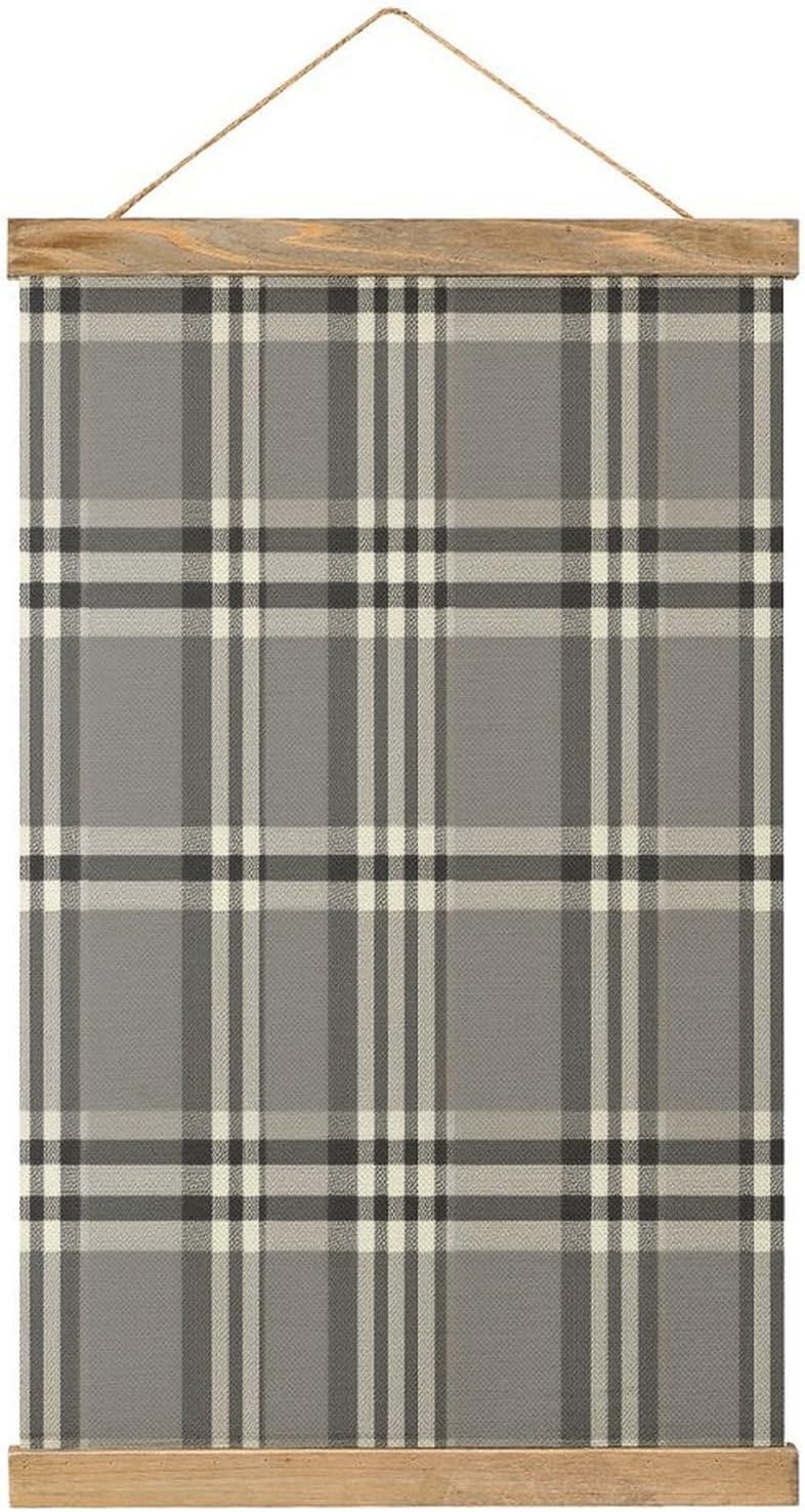 Vintage Gray Plaid Lines Poster with Wooden Frame Personalized Linen Hanging Scroll Painting Rustic Wall Hanging Illustrative Modern Artwork Decor for Home Living Room Bedroom Office