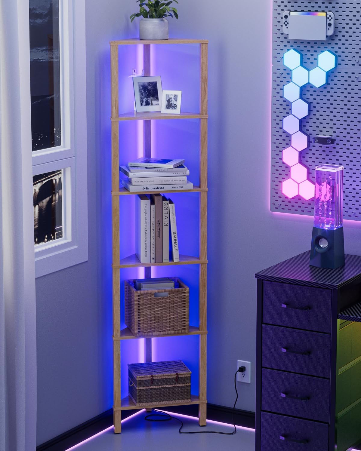 Corner Shelf with LED Light, 6-Tier Corner Bookshelf, Narrow Display Shelf with Storage Rack,Wood Corner Book Shelf for Living Room, Bedroom, Office, Oak