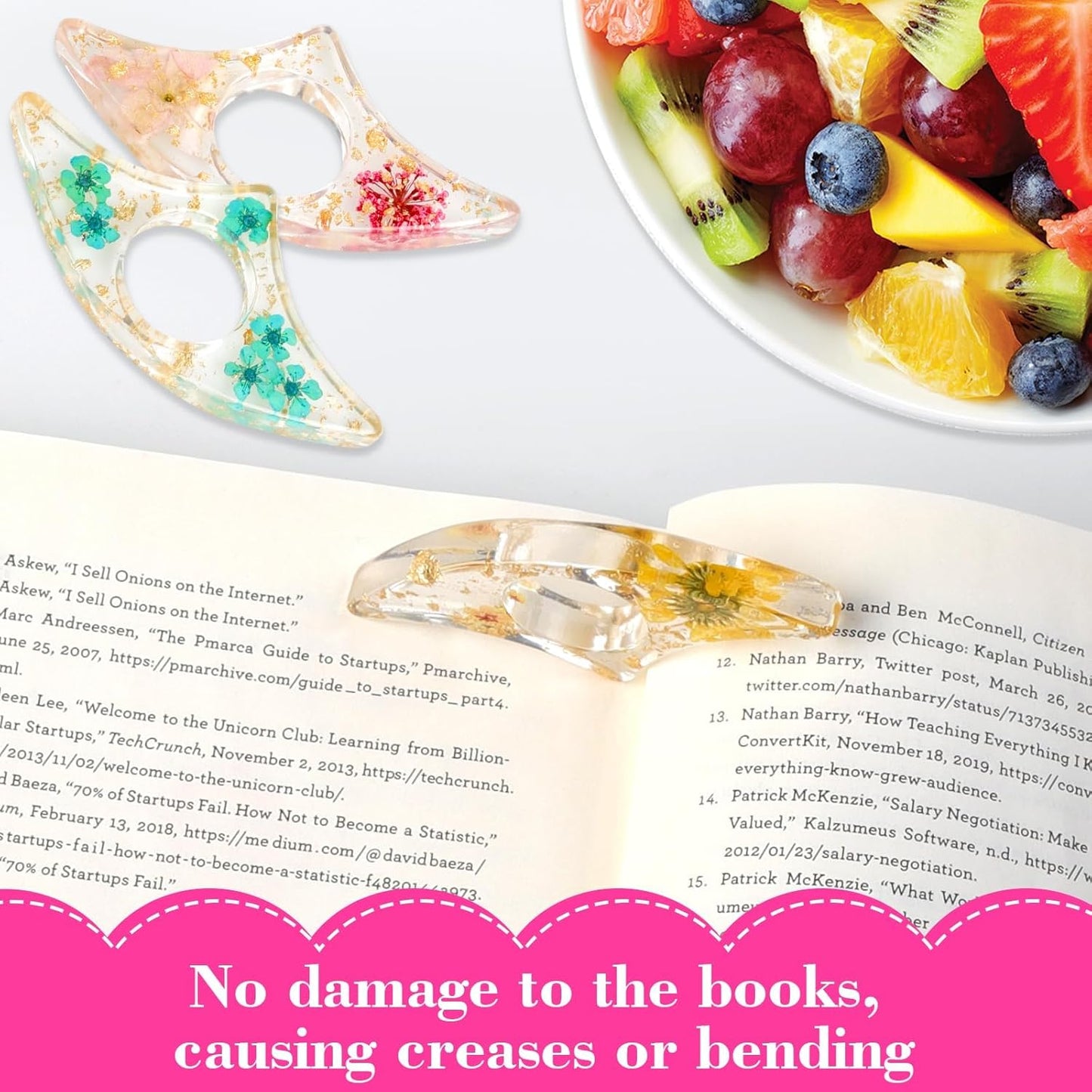 logohu 4 Pcs Thumb Book Page Holder, Dried Flower Resin Bookmark, Transparent Handmade Personalized Book Page Clip, One Handed Book Accessories for Reading Lovers Teachers Students