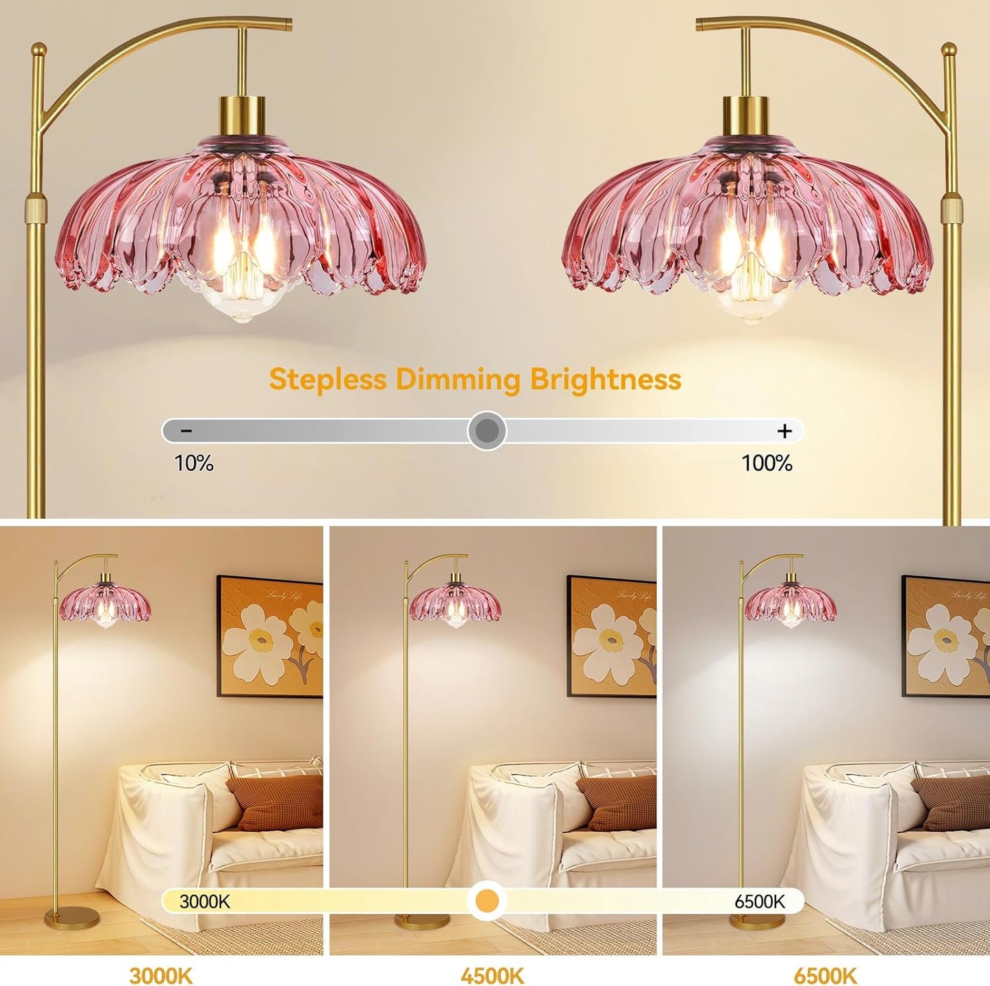 Floor Lamp for Living Room,Bedroom,Gold Dimmable Standing Lamp with Remote,Mid Century Modern Brass Tall Lamp Retro Vintage Pink Glass Lamp Floor Light Boho Bohemian