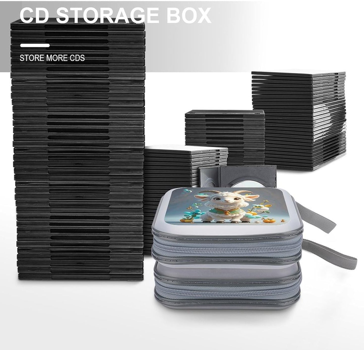 Cute Goat CD Case Portable Zipper CD Case 40 Capacity Hard Plastic DVD Cases Holder Large Storage Disc Wallet Bag for Car Home Travel DVD Collection Bag