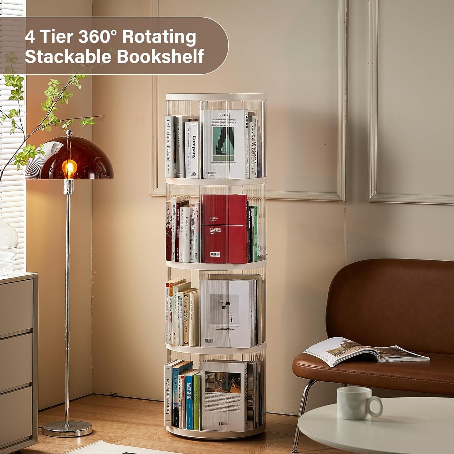 4 Tier Rotating Bookshelf, Small Corner Bookshelf for Small Space, 360 Display Floor Standing Bookcase, Plastic Narrow Book Organizer Shelf for Bedroom, Living Room, Round, White, Lazy Susan
