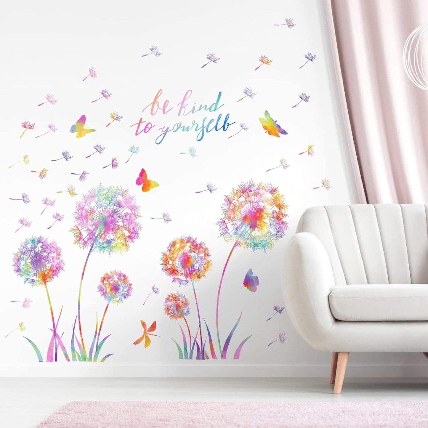 Large Dandelion Wall Decals Colorful Flower Wall Decals Peel and Sticks Wall Art Sticker Floral Butterflies Dragonfly Wall Murals Sticker Inspirational Wall Stickers for Girl Bedroom Living Room Decor