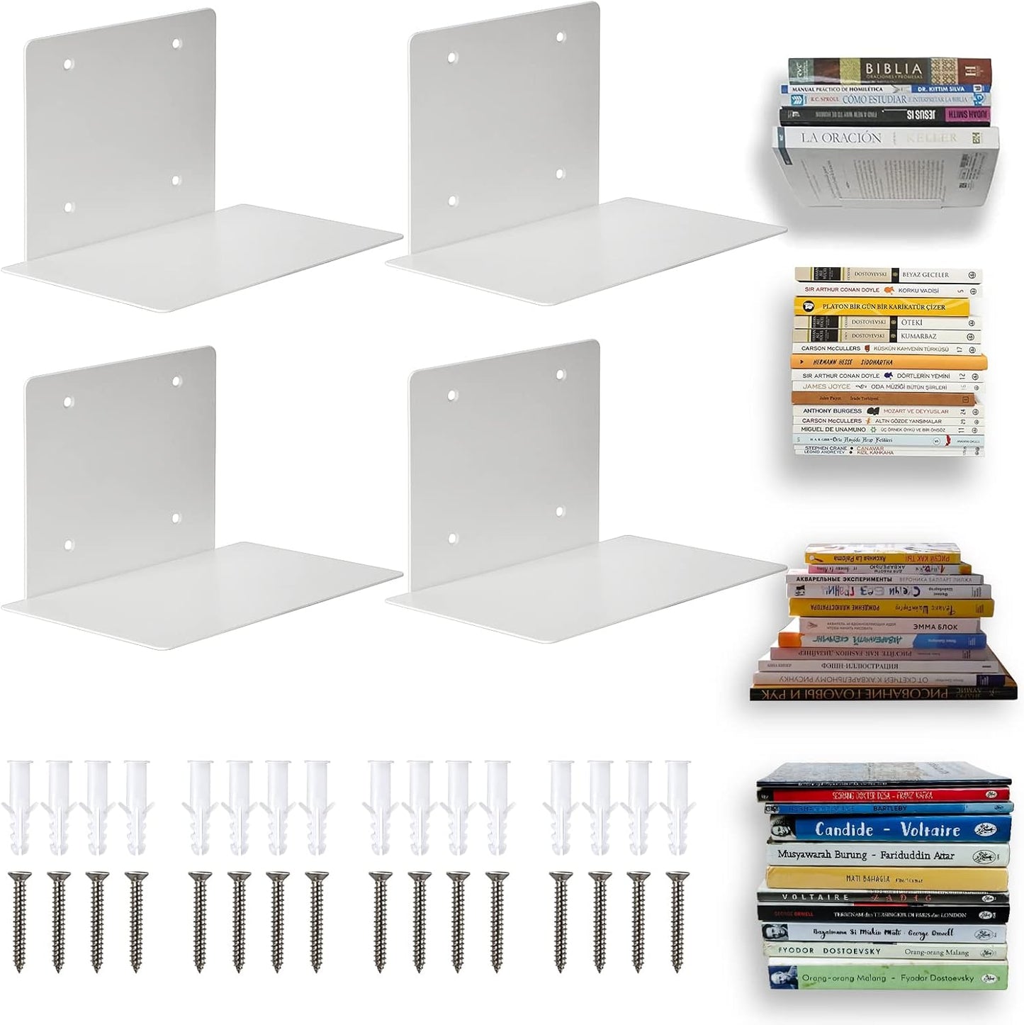ECOSEAO Floating Book Shelves for Wall, Heavy-Duty Book Organizers, Iron Wall Mounted Shelves for Home Office Classroom Library, White Large (4)
