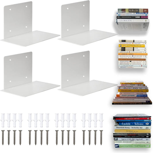 ECOSEAO Floating Book Shelves for Wall, Heavy-Duty Book Organizers, Iron Wall Mounted Shelves for Home Office Classroom Library, White Large (4)