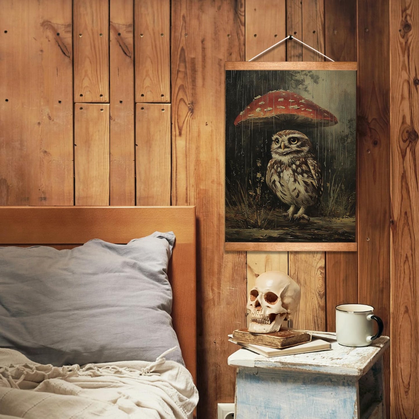 HEYJEEPER Owl and Mushroom Wall Art,14x18inch Gothic Animal Canvas Poster with Wood Hanger,Vintage Owl Home Wall Decor for Bedroom,Living Room,Gothic Lovers Gift