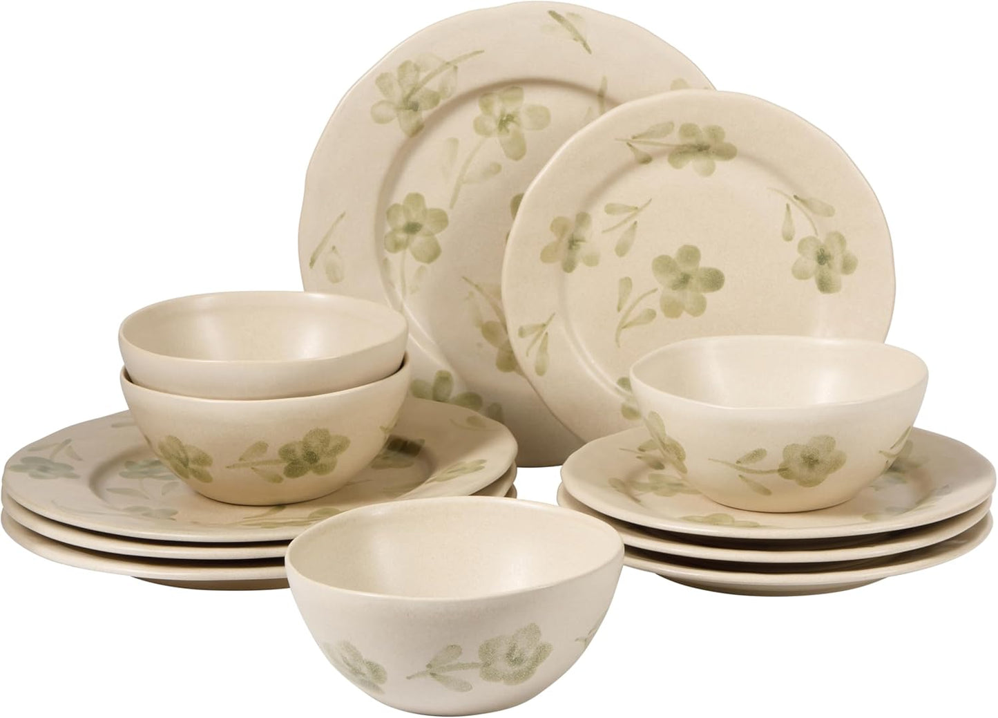 Bloomhouse - 2 Time Oprah's Favorite Things - Made in Portugal Hand Painted Dinnerware Set - Porto Petals 12 Piece (Service for 4) Floral Plates and Bowls Set - Green Orchid