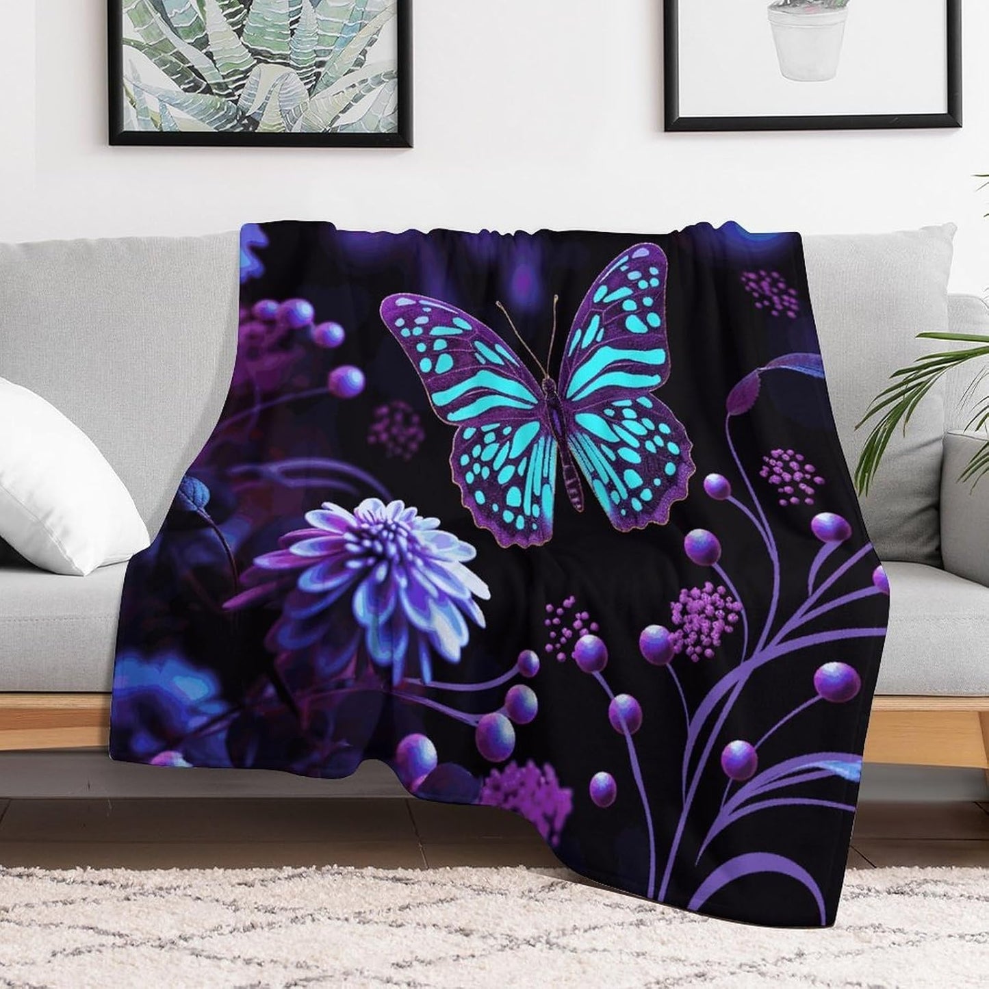 Purple Butterfly And Flowers Blanket Super Soft Lightweight Throw Blanket Cute Cozy Warm Bed Blanket Decorative Fuzzy Blanket All-Season Home Decor Gift for Sofa Couch Living Room 60"*80"（150*200cm）