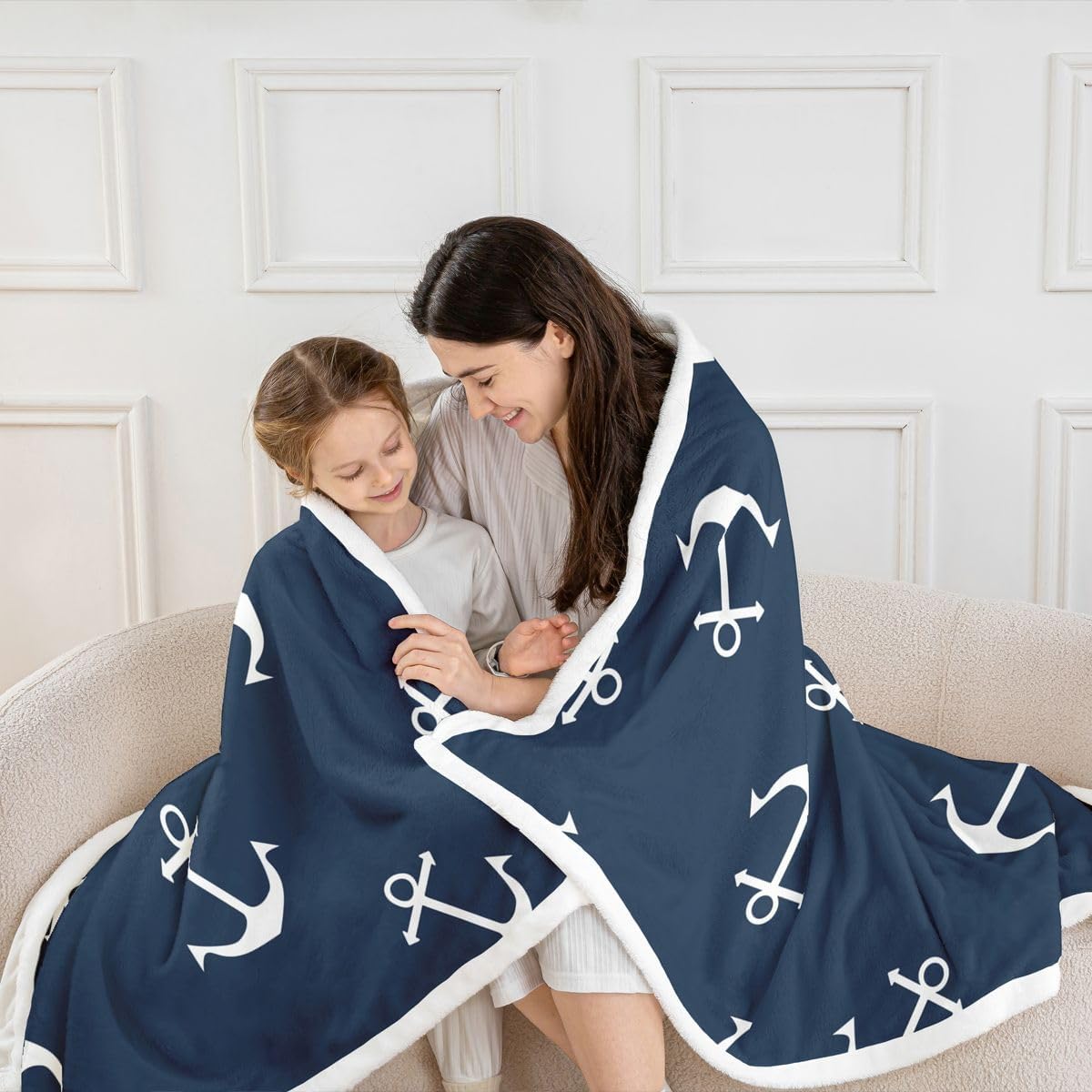 Feelyou Nautical Fuzzy Blanket Anchor Sherpa Throw Blanket Sea Adventure Fleece Throw Blanket Soft Warm Cozy Ocean Theme Plush Blanket Navy Blue 60"X80"