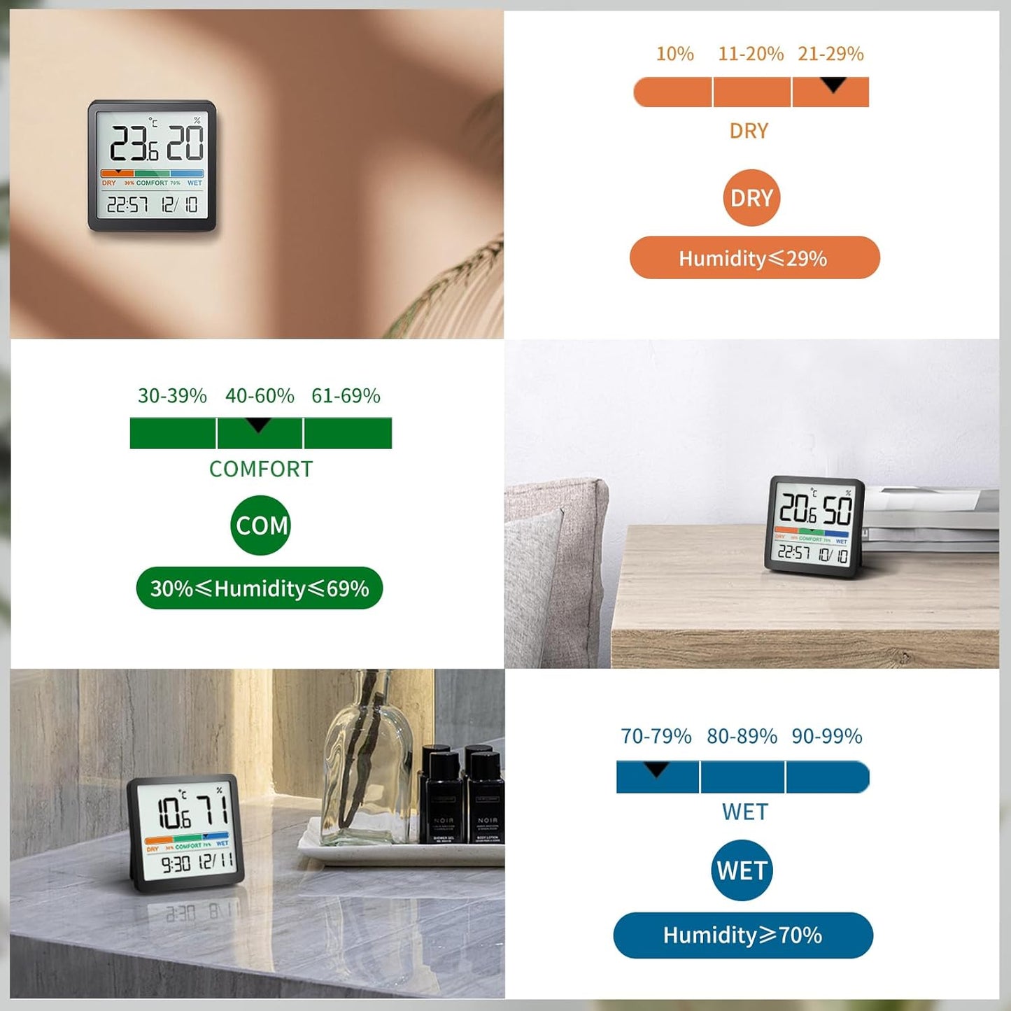 NOKLEAD Indoor Thermometer Hygrometer, Digital Humidity Monitor with Comfort Indicator, Room Temperature Gauge with Clock, Mini Desktop Hygrometer for Home, Nursery, Office