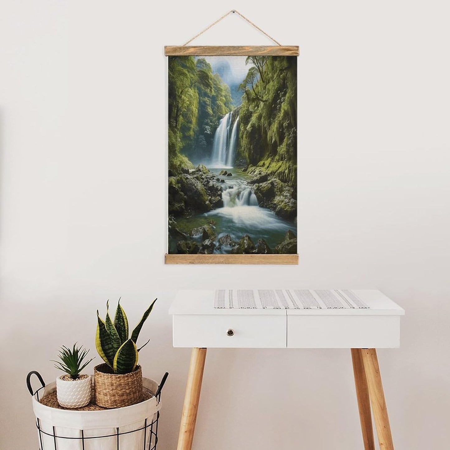 Vintage Waterfall Landscape Painting Poster with Wooden Frame Personalized Linen Hanging Scroll Painting Rustic Wall Hanging Illustrative Modern Artwork Decor for Home Living Room Bedroom Office