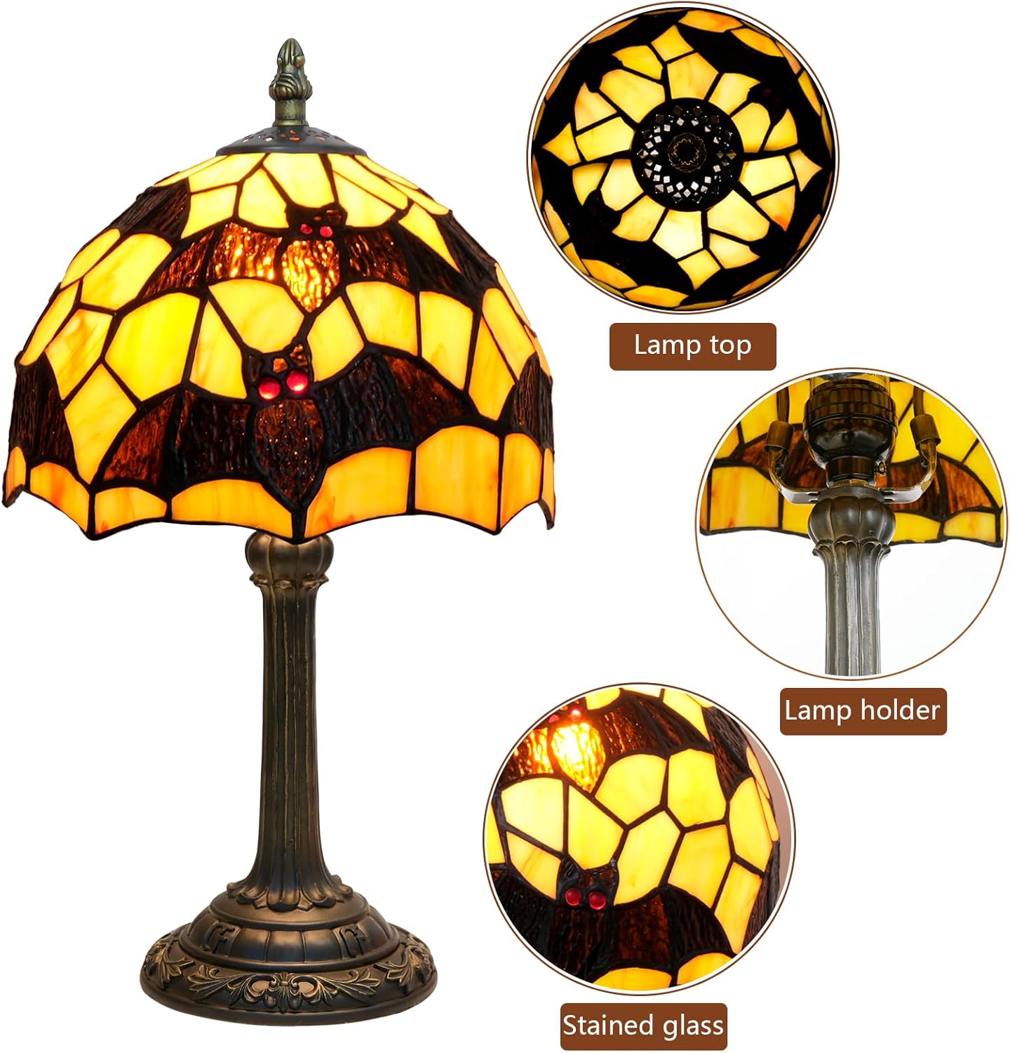 Tiffany Black Bat Stained Glass Table Lamp Handmade Bedside Table Night Unique Cute Accent Nightstand Light Antique Art Craft Gifts Lamp for Home Office Dormitory Bar Decorate