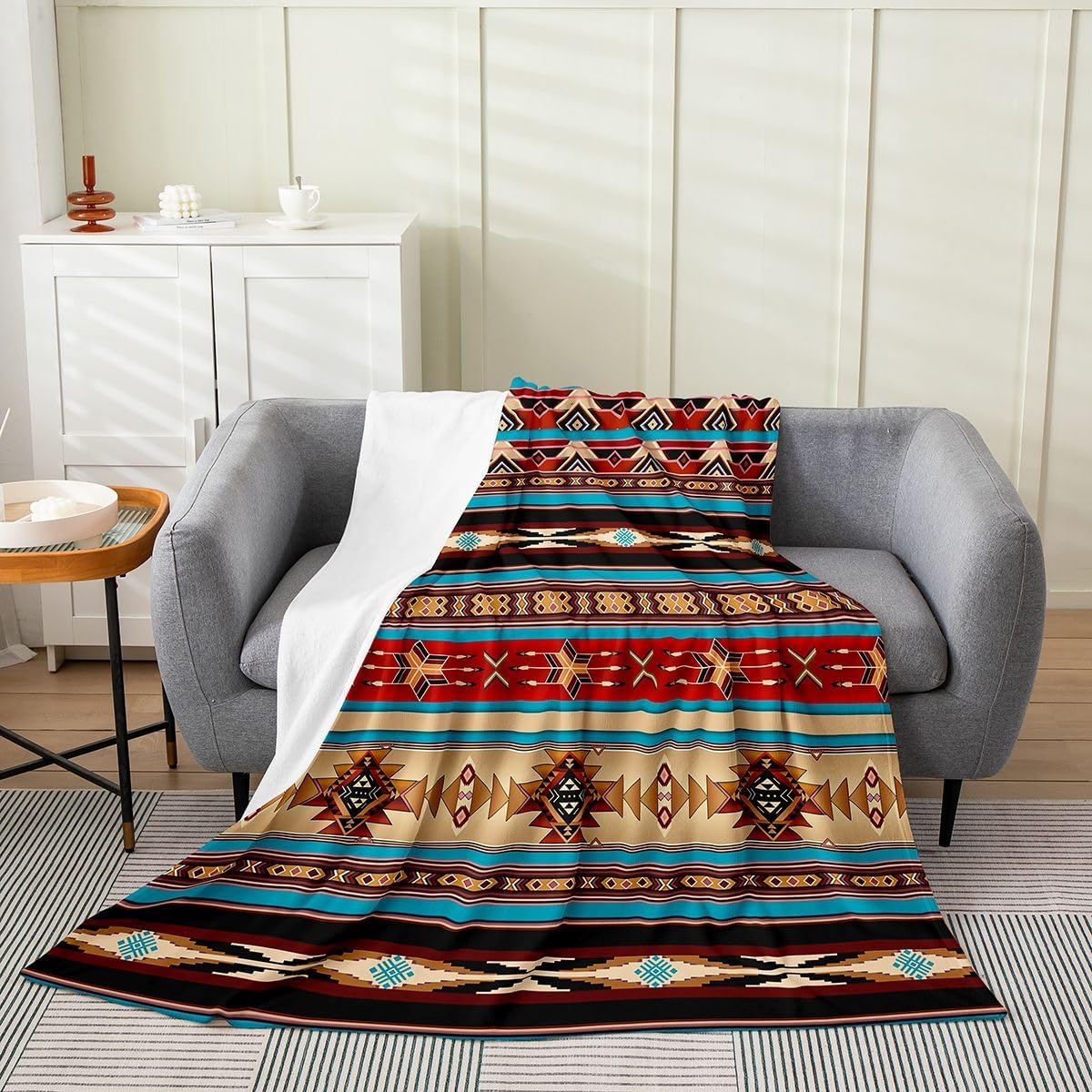 Erosebridal Aztec Throw Blanket, Ethnic Tribal Arrow Flannel Fleece, Southwestern Native Bohemian Sherpa, Western Star Soft Cozy Bed Couch Blanket, Red, Blue, Dark Brown, 50 x 60 inches