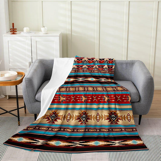 Erosebridal Aztec Throw Blanket, Ethnic Tribal Arrow Flannel Fleece, Southwestern Native Bohemian Sherpa, Western Star Soft Cozy Bed Couch Blanket, Red, Blue, Dark Brown, 50 x 60 inches