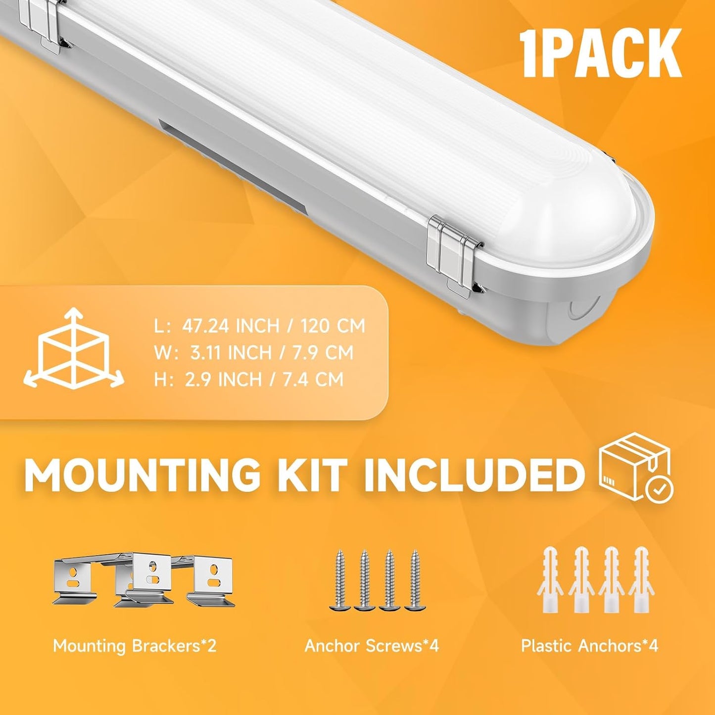 4FT LED Vapor Tight, 60W 7800LM 5000K Vapor Proof LED Light Fixture, 0-10V Dimmable, 100-277V for Warehouse, Car Wash, Walk-in Freezer, Parking Garage, ETL Listed