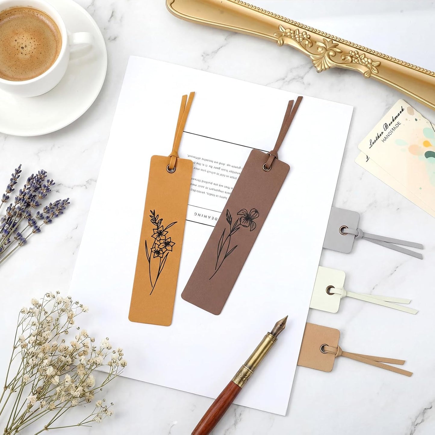 5 Pcs Flowers Leather Bookmark for Reading Bookmarks with Rope Cards Stitched Bookmark, Women Men Kids Floral Page Marker Reading Gift for Book Lover Teacher Gift School(Aesthetic Color)