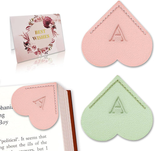 Personalized Leather Heart Bookmark with Initial, Cute Letters Custom Corner Book Mark for Reading Women, Student, Book Lovers, Teacher Appreciation Gifts (Pink+Honeydew Green, A)