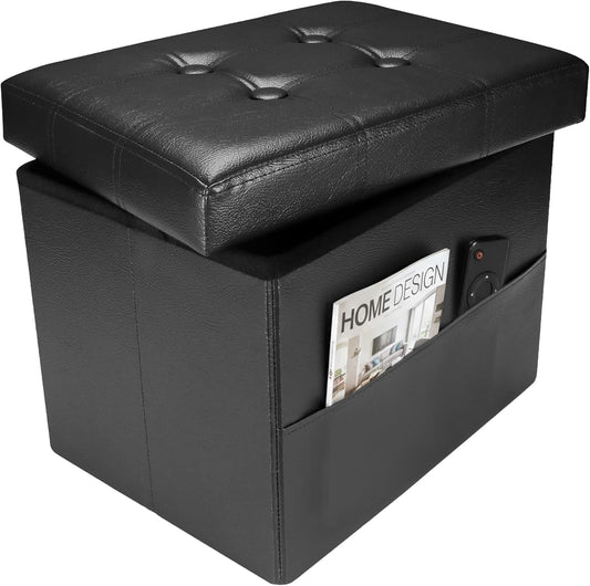 Ottoman with Storage Foot Stool - 17 Inches Folding Storage Ottomans, Leather Upholstered Ottoman Foot Rest with Side Pockets, Suitable for Living Room, Bedroom, Cafe