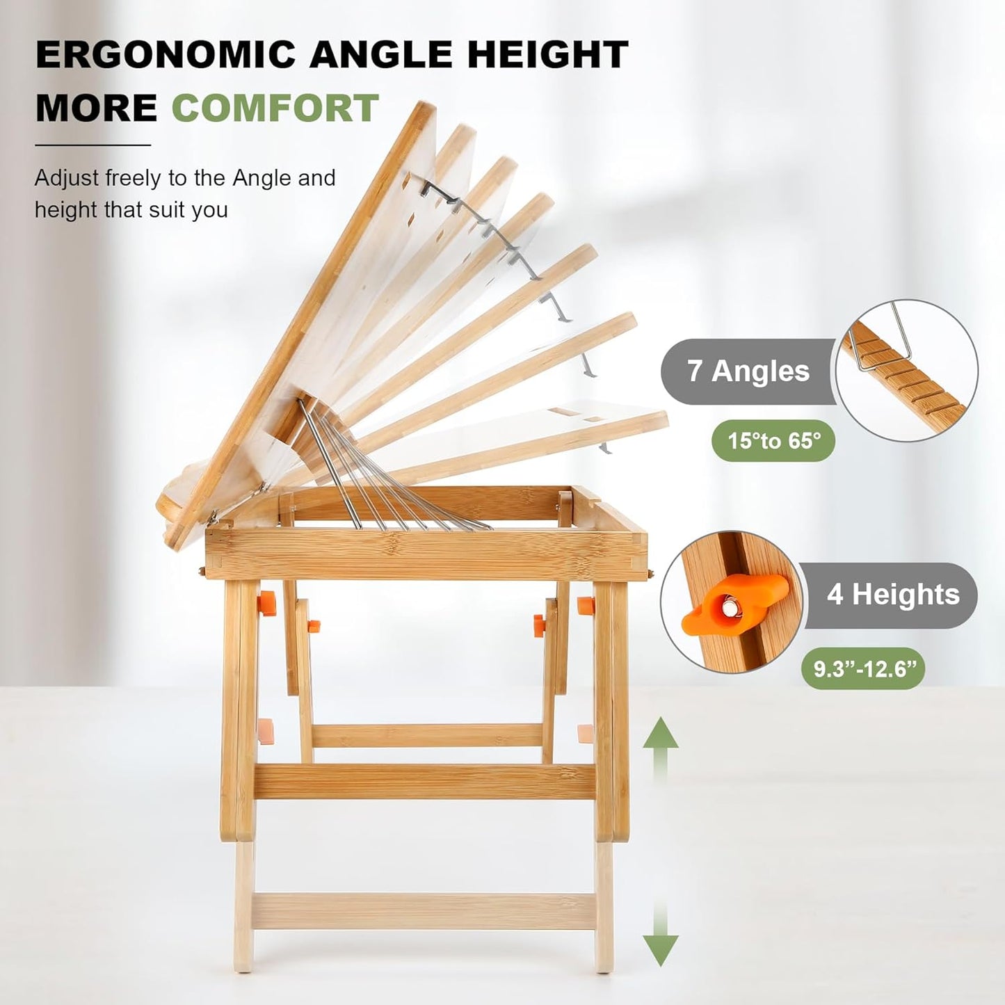 Nnewvante Drafting Table Bamboo Tabletop Easel Foldable Drawing Desk with Adjustable Height & Angle Drawing Board with Tablet and Phone Slots for Painting, Reading, Writing
