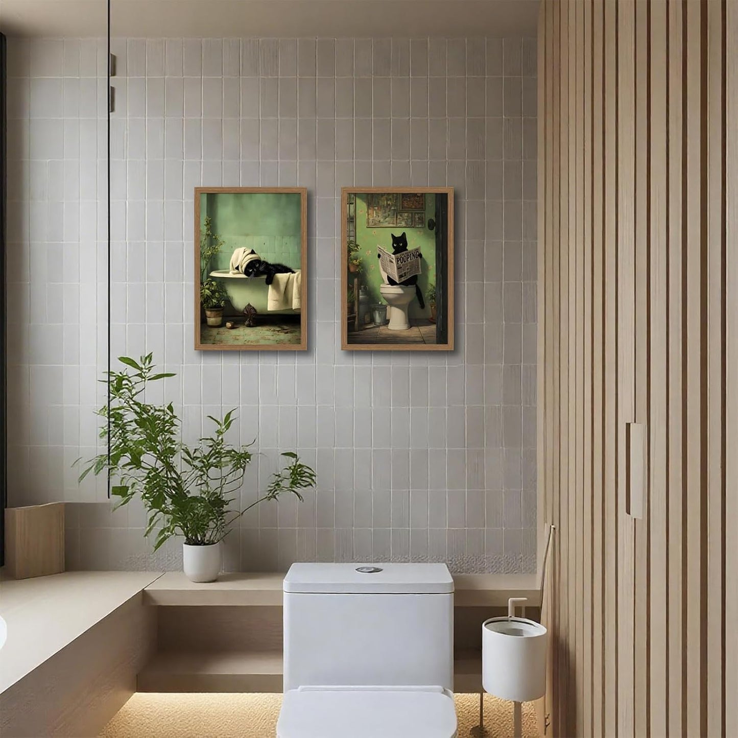 Framed 2Pcs Funny Green Bathroom Wall Art Cute Black Cat Painting Vintage Humor Ainimal Picture Prints Wall Decor with Wood Frame for Bathroom Ready to Hang 16x24 Inches