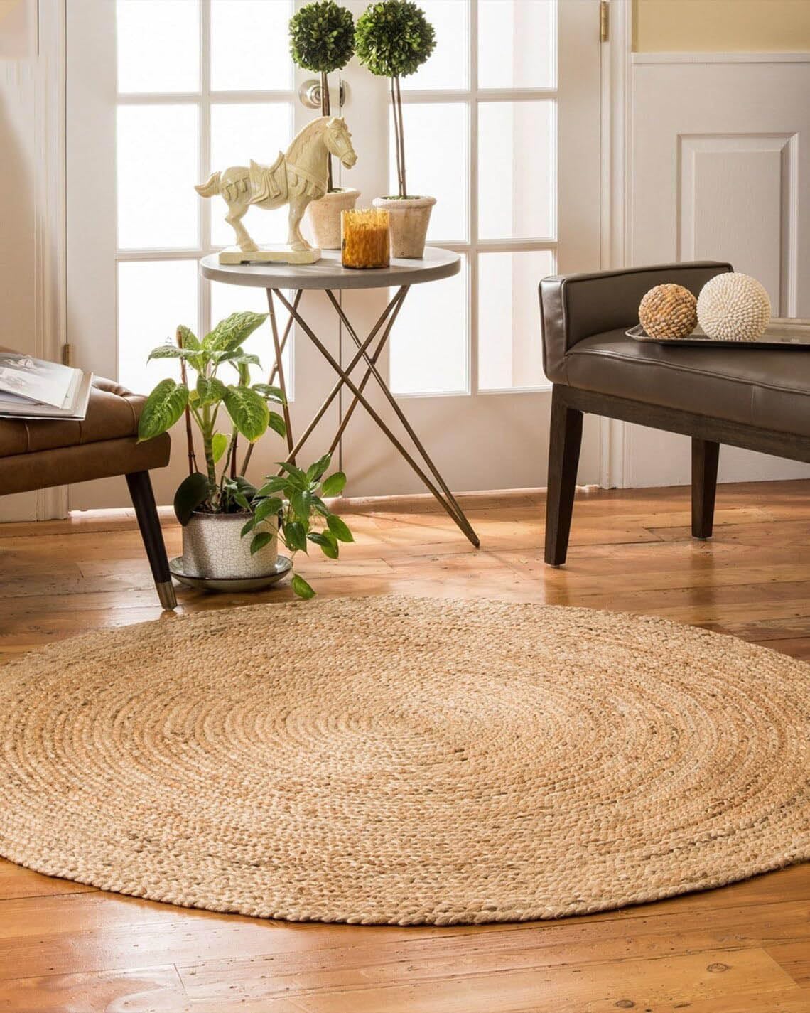 MDS Pack of 1 Handwoven Braided Jute Area Rug - 5 feet Round - Natural Reversible for Home Decor, Living Room Doormat Kitchen, Entryway Rug, Jute Burlap Braided Rag Rug, Rustic, Farmhouse (5' Round)
