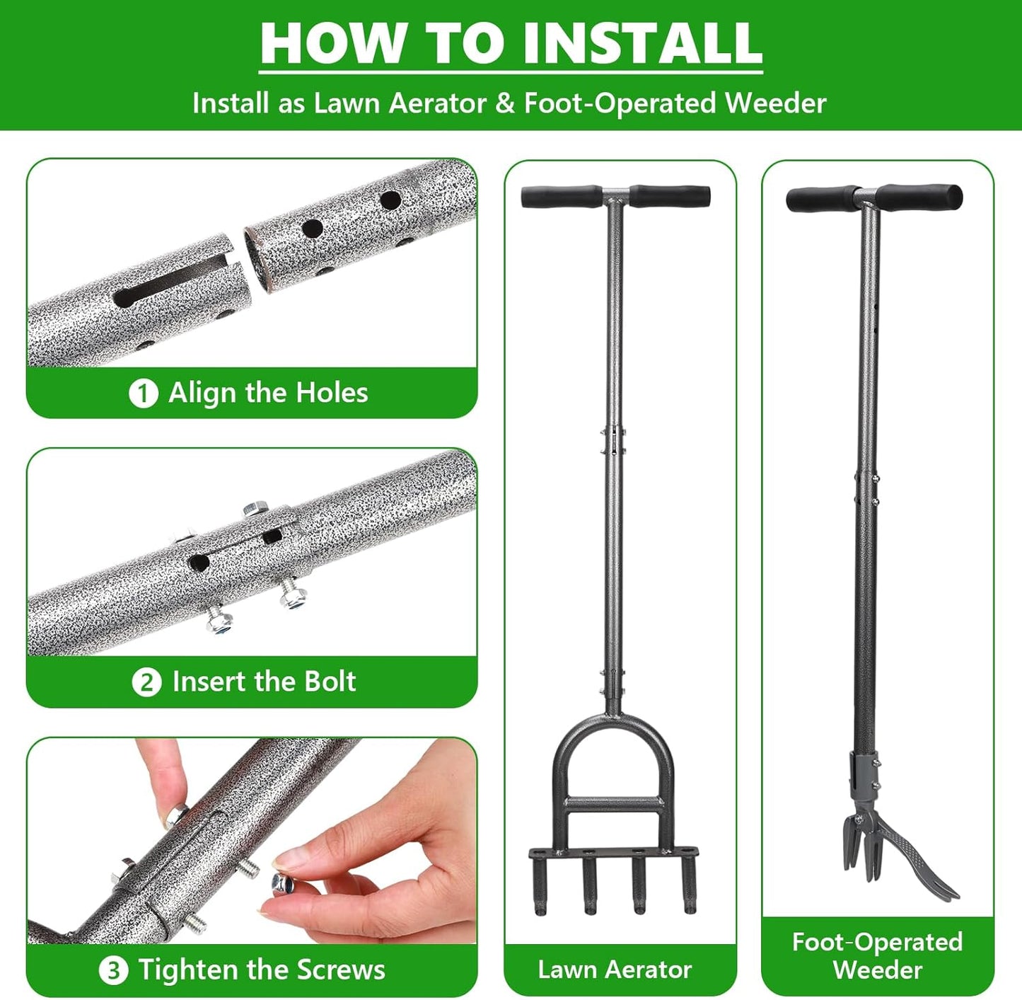 2-in-1 Lawn Aerator Tool - Adjustable Height with 4 Hollow Aeration Tines, High-Strength Anti-Rust Carbon Steel, Foot-Operated Weed Puller & Lawn Aerator for Garden Lawn Care & Compacted Soil Aeration